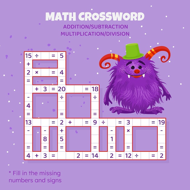 Math Crossword puzzle for children Addition subtraction multiplication and division