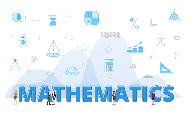 Mathematics concept with big words and people surrounded by related icon spreading with blue color