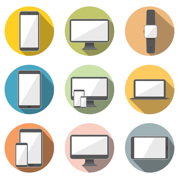 Matkapuhelin, tablettitietokone, tietokoneen näyttö, kannettava tietokone ja älykello Flat Icon