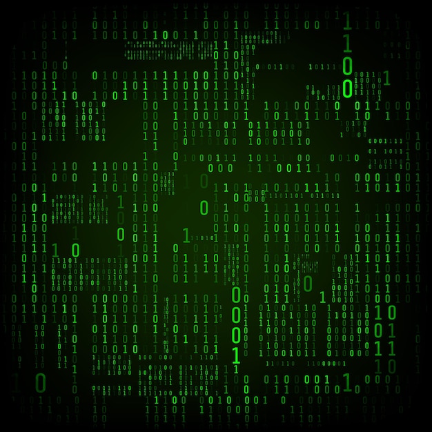 Matrix of binary numbers. Binary computer code. Green digital numbers. Futuristic or sci-fi hacker abstraction backdrop. Random numbers falling on the dark background. Vector illustration
