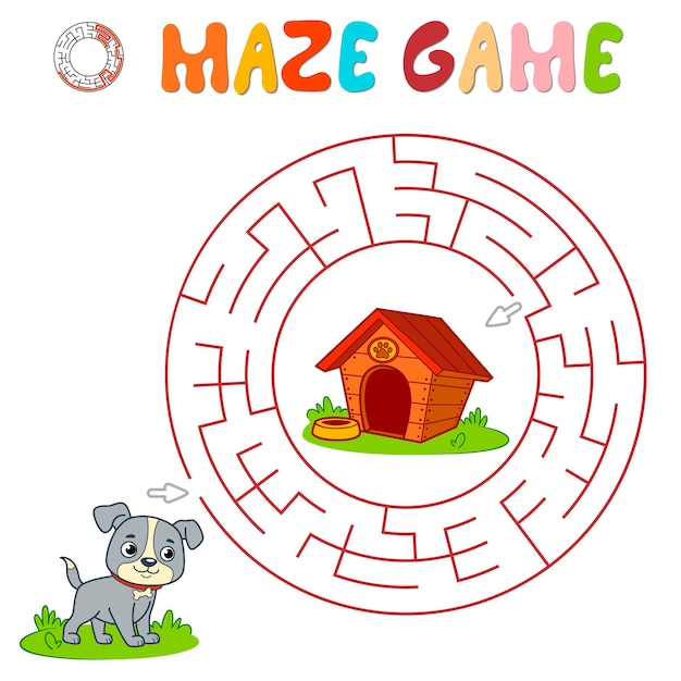 maze puzzle game for children. circle maze or labyrinth game with dog.