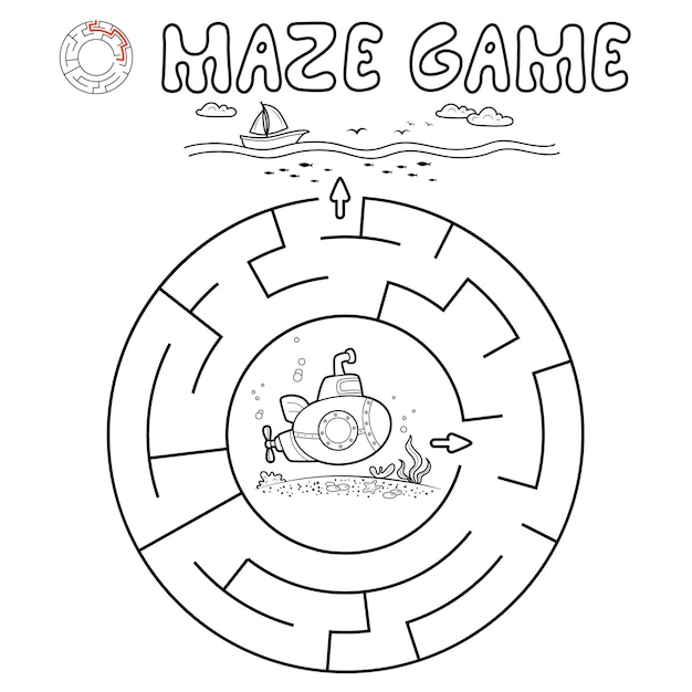 Maze puzzle game for children. Outline circle maze or labyrinth game with submarine.