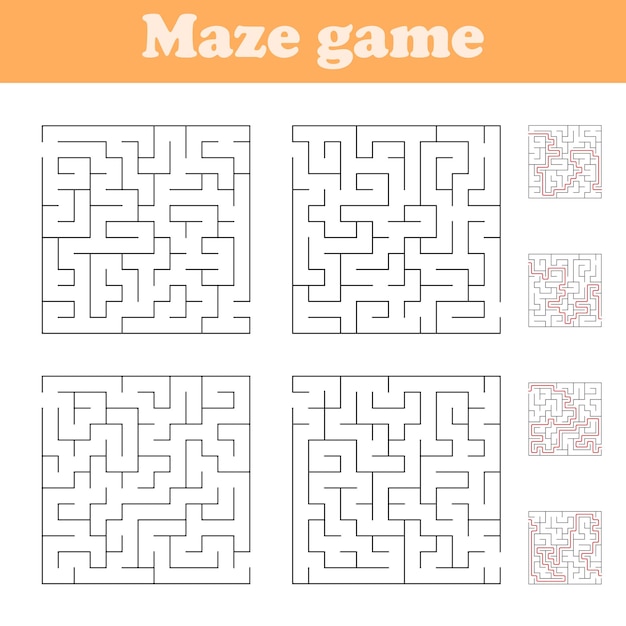 Maze set. Vector Labyrinth, conundrum. Children puzzle game. With answers.