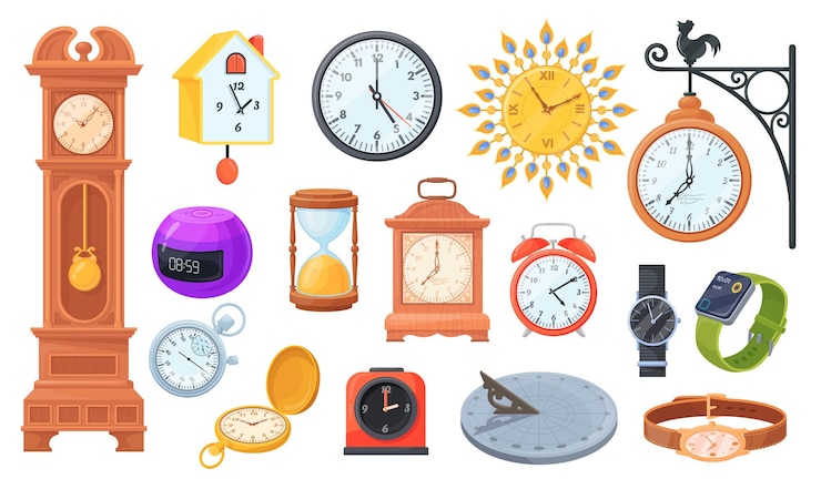 Vektori mechanical and electronic clocks cartoon various clock watch type evolution quartz wristwatch or old analog timepiece retro chronometer of time measure neat vector illustration
