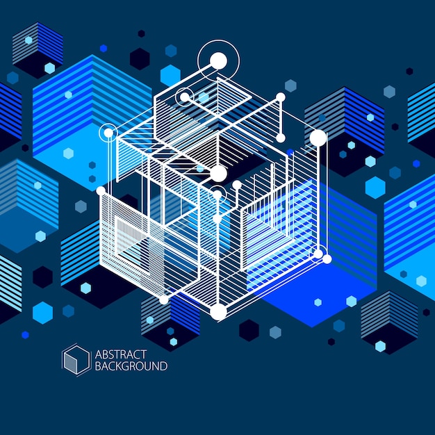 Mechanical scheme, dark blue vector engineering drawing with 3D cubes and geometric elements. Engineering technological wallpaper made with honeycombs.