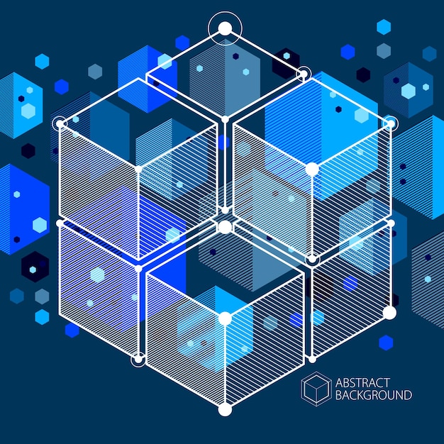 mechanical scheme, dark blue vector engineering drawing with 3d cubes and geometric elements. engineering technological wallpaper made with honeycombs.