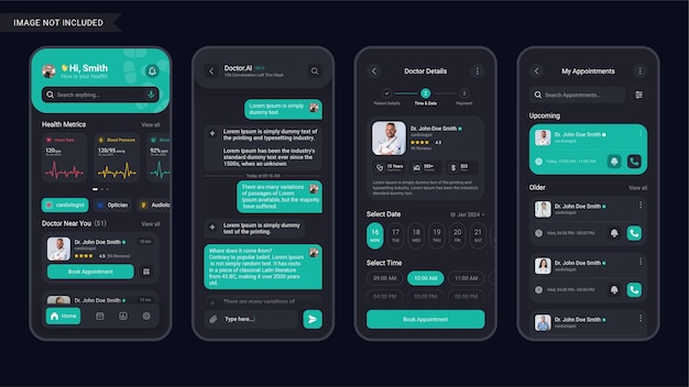 Medical app mobile screens template fulll editable and vector dark mode