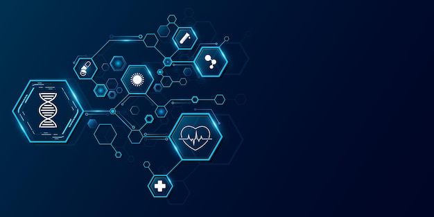 Medical tech background Connected hexagons with light effect and health care icons Digital health insurance concept and access to welfare Vector illustration