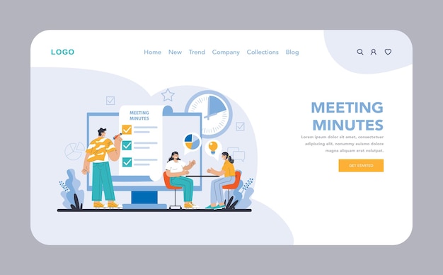 Meeting minutes web or landing page detailed recording of discussions and decisions in a corporate