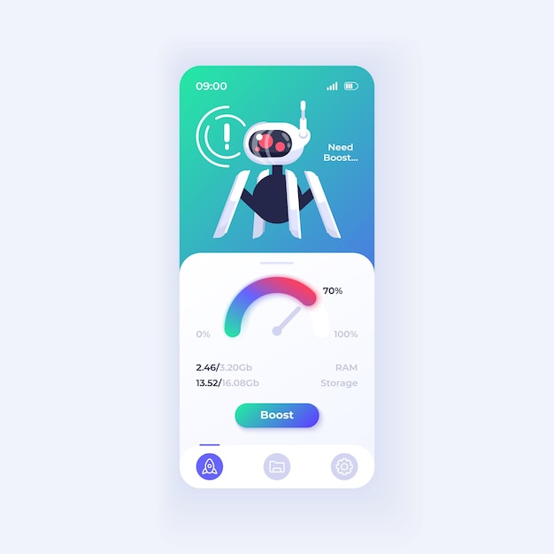 Memory boost application smartphone interface vector template. Mobile app page light theme design layout. Speed increase screen. Flat UI for application. Gadget storage cleaner phone display