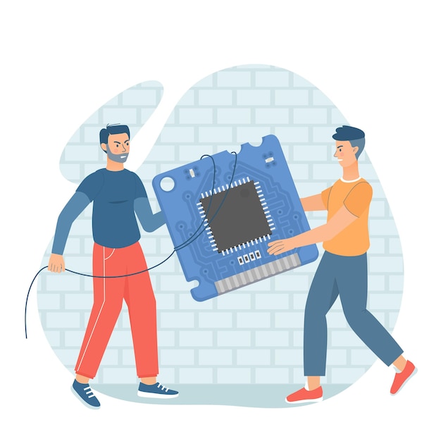 Men pulling compete for the microcircuit Global microprocessors shortage and high demand Microproc