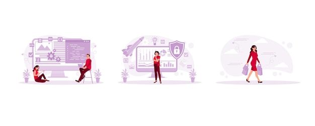 Men write script code Development management and society Women carrying shopping bags