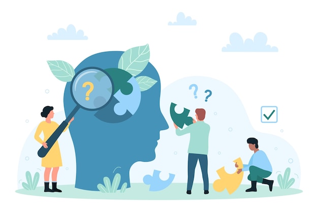 Mental health support from tiny people looking through magnifying glass at puzzle