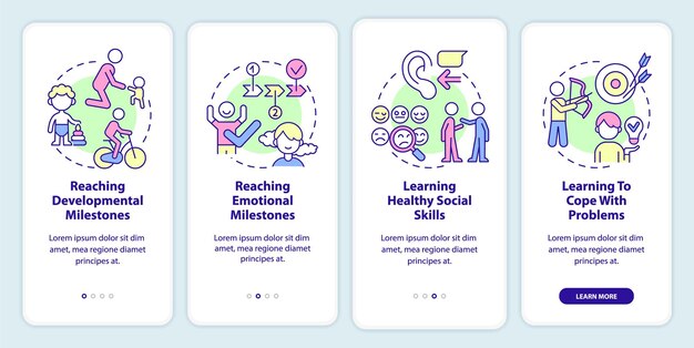 Mentally healthy child onboarding mobile app screen Agespecific tasks walkthrough 4 steps graphic instructions pages with linear concepts UI UX GUI template Myriad ProBold Regular fonts used