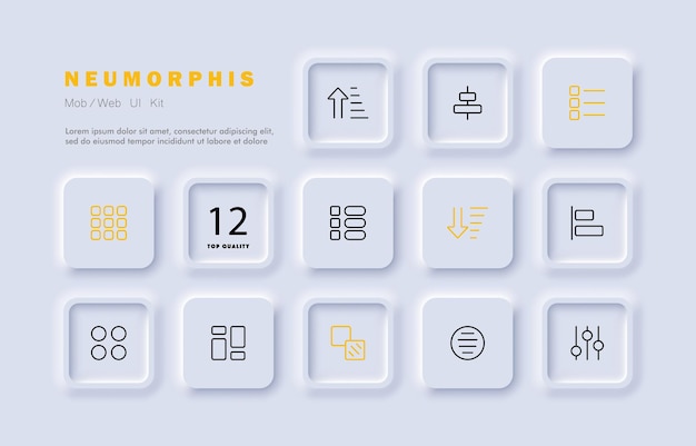 Menu set icon Tiles buttons arrows sliders apps sorting personalization chart presentation icons Infographic concept Neomorphism style Vector line icon for Business and Advertising