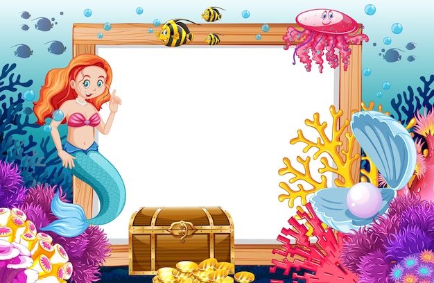 Mermaid and sea animal theme with blank banner cartoon style on under sea 