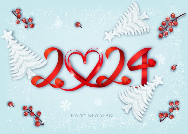 merry christmas and happy new year background with a 2024 red berries candy cane and trees vector