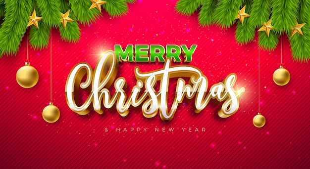 Merry Christmas and Happy New Year Banner with Fir Branch and 3d Typography Letter on Red Background