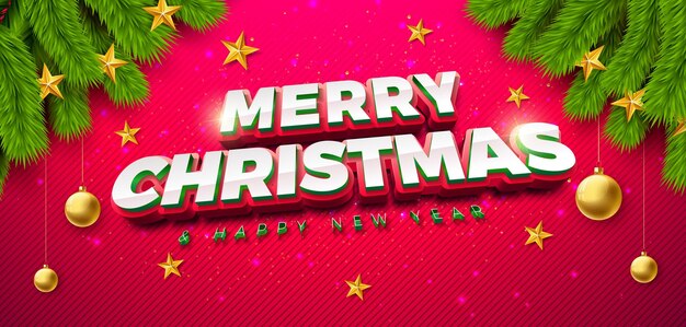Merry Christmas and Happy New Year Banner with Fir Branch and 3d Typography Xmas Holiday Banner