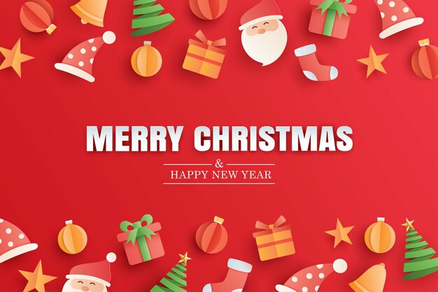 Merry christmas and happy new year red greeting card in paper art banner template.