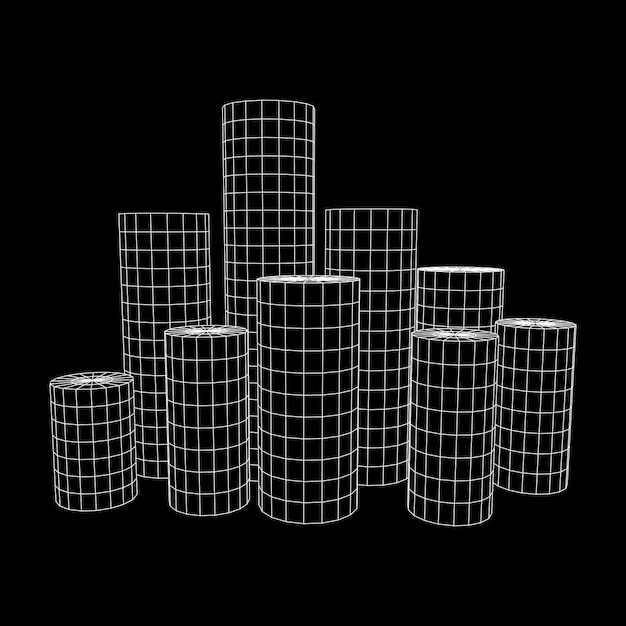 Mesh low poly wireframe Cylinder array like skyscraper city Connected lines Connection Box Structure Digital Data Visualization Concept Vector Illustration