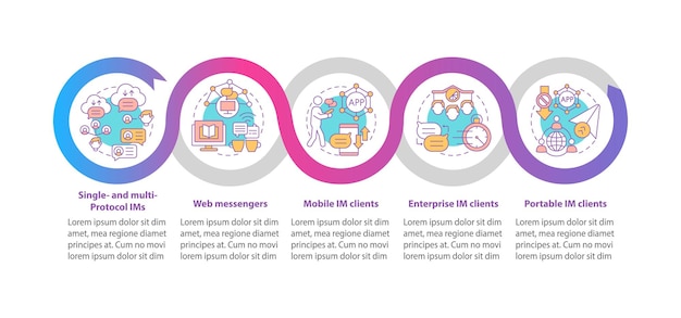 Messaging service vector infographic template. Software for chatting presentation outline design elements. Data visualization with 5 steps. Process timeline info chart. Workflow layout with line icons
