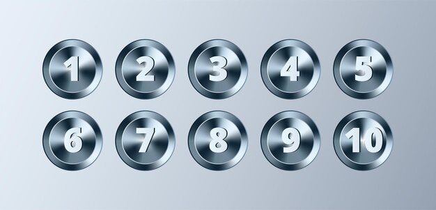 Metal circle buttons with numbers set Vector Chrome Metallic textured silver badges shiny elements