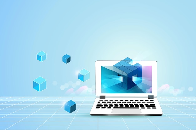 Metaverse and blockchain virtual reality technology User interface 3D experience with computer and digital smart devices Computer with blockchain virtual environment