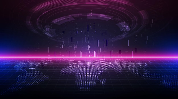 Metaverse virtual reality augmented reality and blockchain technology user interface 3D experience Word metaverse with world map globe in futuristic environment background