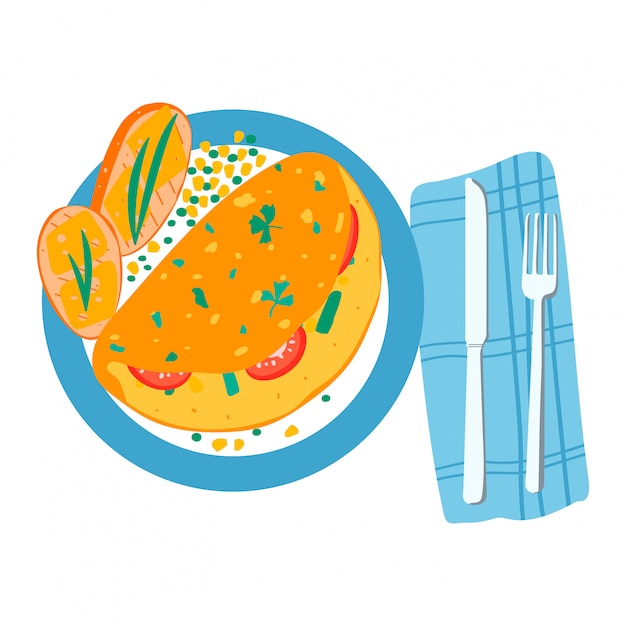 Mexican style breakfast flatbread vegetable filling and chicken meat, toast bread lay plate isolated on white, cartoon illustration.
