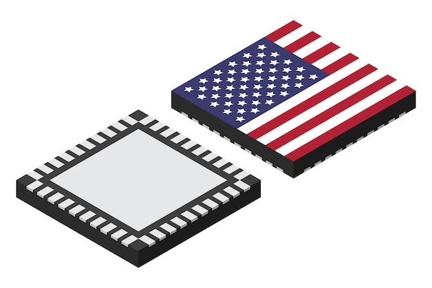 Microchip computer electronic component with USA flag Microchip icon Isometric microchip Computer processor technology Microprocessor