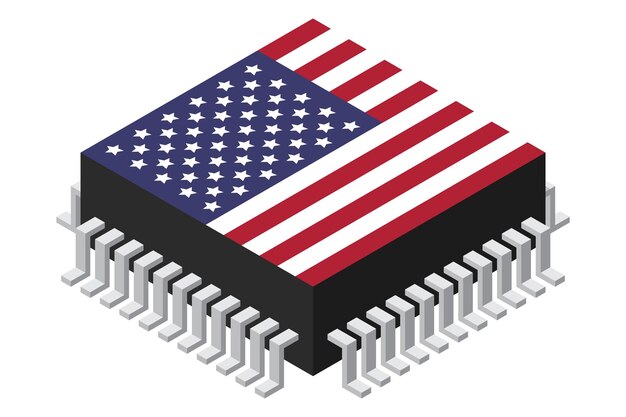 Microchip computer electronic component with USA flag Microchip icon Isometric microchip Computer processor technology Microprocessor