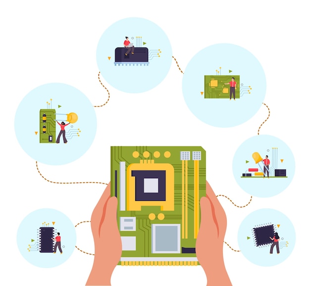 microchip flat concept composition with computer components tiny people and human hands holding circuit board vector illustration