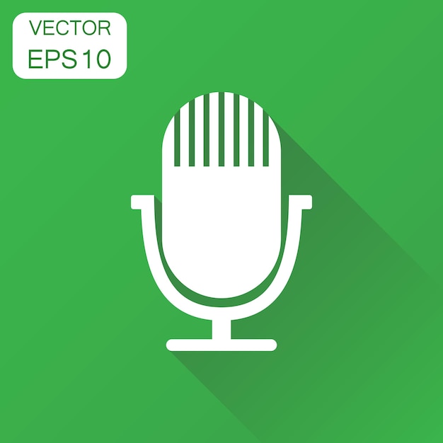 microphone icon business concept microphone pictogram vector illustration on green background with long shadow