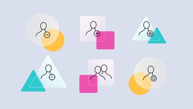 Mies, jolla on painike asetettu kuvake Miinus plus lisää poista kello yime-hallinta valintamerkki asetus hammasratas viesti Glassmorphism-tyyli Vektoriviivakuvake liiketoiminnalle