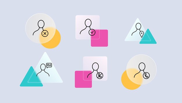 Mies, jolla on painikesetti-ikoni Rasti rasti hyväksytty hylätty hyväksytty valmis osoitin reitti puhelu äänetön tila Glassmorphism-tyyli Vektorilinja-ikoni yrityksille ja mainontaan