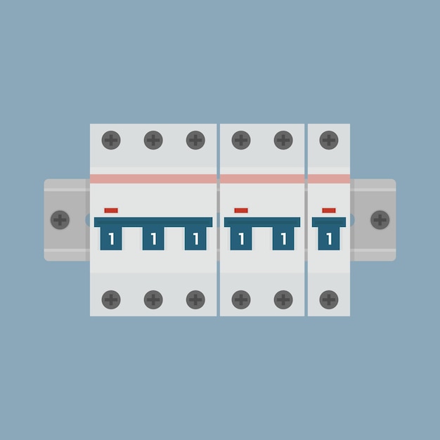 miniature circuit breakers mounted on a steel din rail