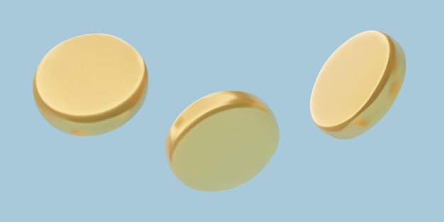 Minimal 3d gold coins set flying in different positions three dimensional vector money illustration