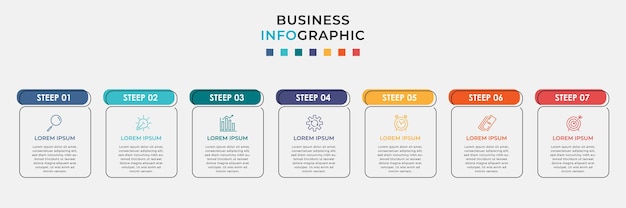 Minimal Business Infographics template. Timeline with  seven steps, options and marketing icons