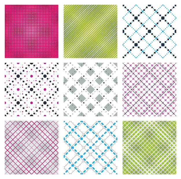 Minimal simple geometric seamless patterns set, vector abstract backgrounds with lines and dots, wallpapers for web design and print. Colorful swatches.