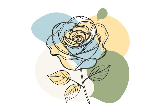 minimalist continuous line art of a rose flower with stem and leaves in a modern floral style