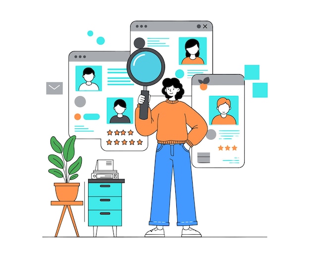 Minimalist Vector Illustration of a Person Reviewing Online Profiles with a Magnifying Glass