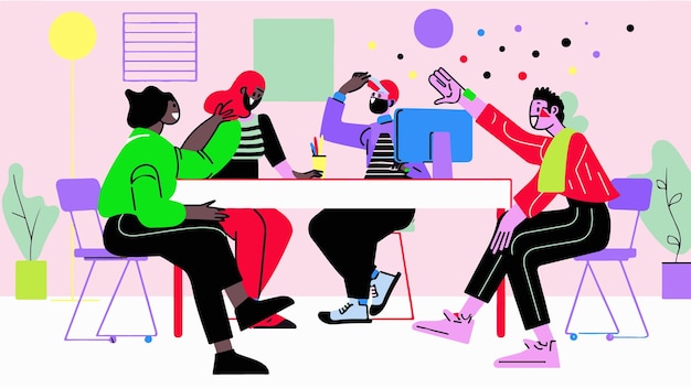 Minimalistinen vektorikuvitus tiimistä, joka luo digitaalisen sovelluksen tietokoneideoita, 3 henkilöä