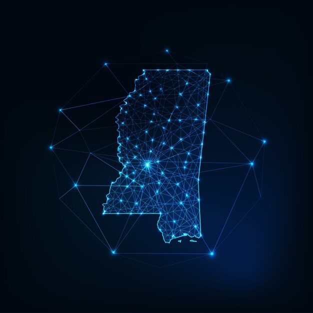 Mississippin osavaltion USA:n kartan hehkuva siluettiviiva, joka on tehty tähdistä, viivoista, pisteistä ja kolmioista, matalapolygonaalisista muodoista. Viestinnän ja internet-teknologioiden konsepti. Lankaverkko futuristinen