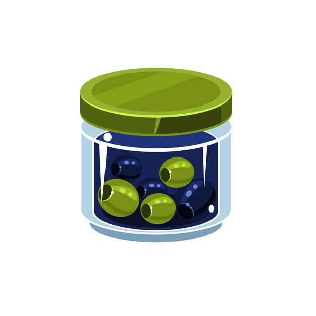 mixed olives in transparent jar isolated flat vector icon on white backgroung in simplified manner