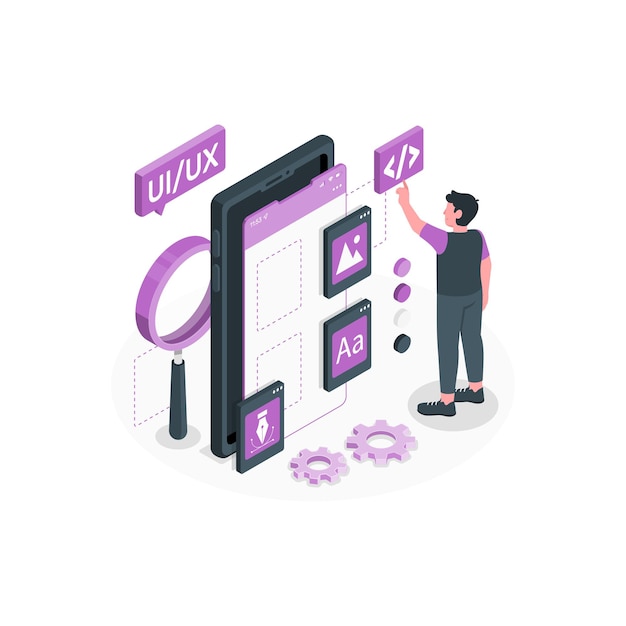Mobiili-UI/UX-puoliksi kaksiulotteinen vektori-kuvitus
