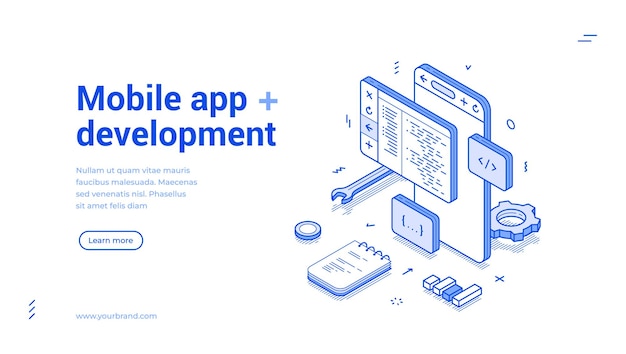 Mobile app development big data software engineering coding isometric web banner vector