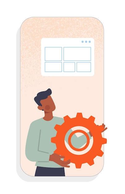 Mobile app development concept Man with coghweel write table IT specialist and programmer developer Poster or banner Cartoon flat vector illustration isolated on white background