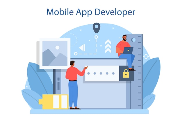 Mobile app development concept. Modern technology and smartphone interface design. Application building and programming. Vector flat illustration