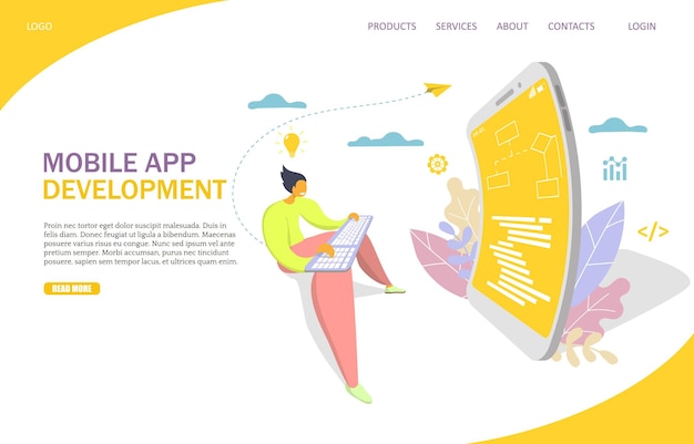 Mobile app development vector website landing page design template